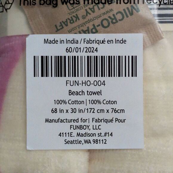 Funboy Poolside Leisure Club Pink Cream Beach Towel Oversized Plush Cotton 68x30 - Picture 5 of 5